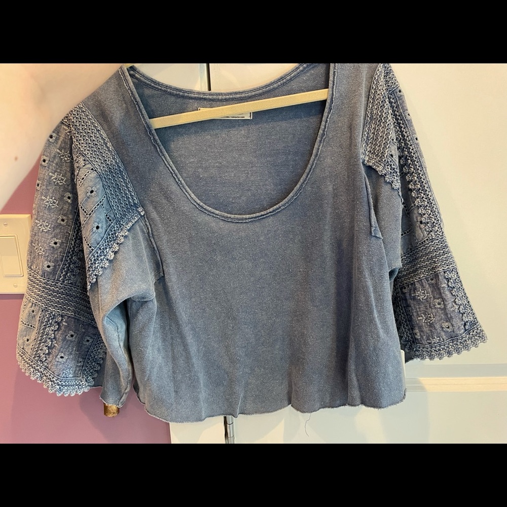 Free People Cropped Embroidered Sleeve Top